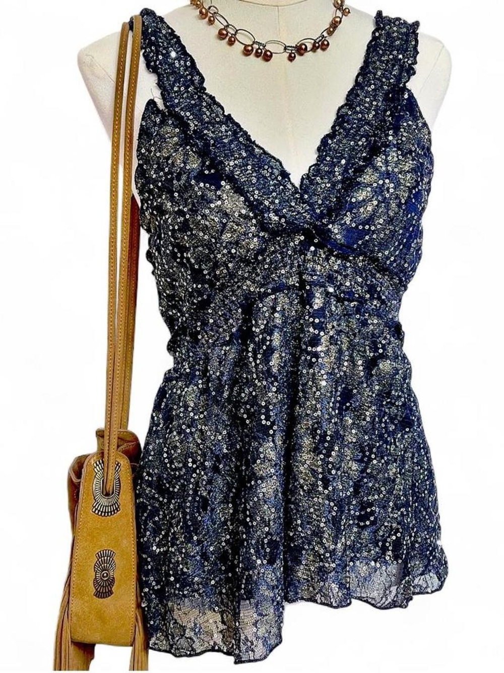 Rue 21 y2k navy blue gold sparkly sequins fairy core tank top euro summer pretty